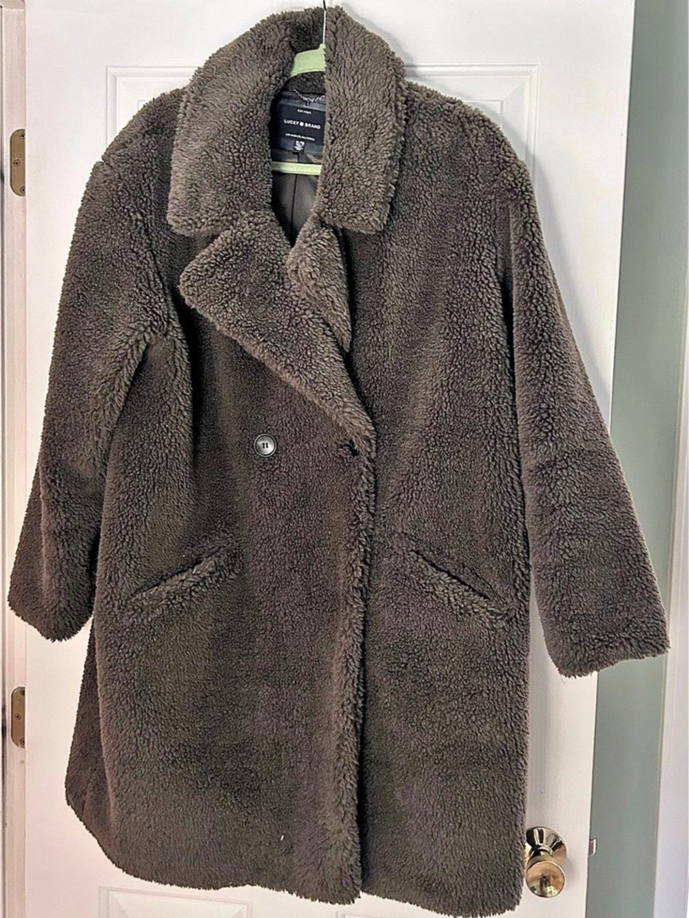 Lucky Brand Double Breasted Faux Teddy Fur Coat Dark Green XL